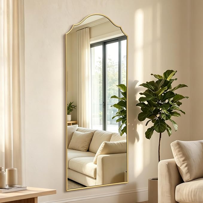 Besdomus Scalloped Full Length Mirror: 21"x56" Gold Arched Floor Mirror | Modern Minimalist Wooden Frame Body Long Mirror for Wall/Bedroom/Cloakroom/Entryway/Living Room - Home Decor for Housewife