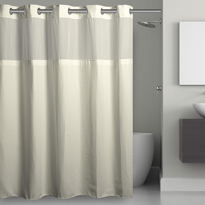 It's A Snap! Waffle Shower Curtain, 3-in-1 with Sheer Top Window, Flex-On Rings & Liner, 71' x 74', Cream