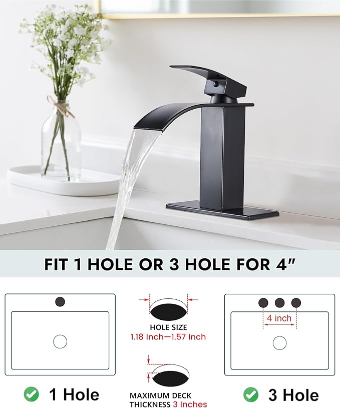 Midanya Bathroom Faucet with Waterfall Spout, Single Hole or 3-Hole Deck Mount, 304 Stainless Steel Sink Faucet with Pop-Up Drain, RV Vanity Compatible,Oil Rubbed Bronze