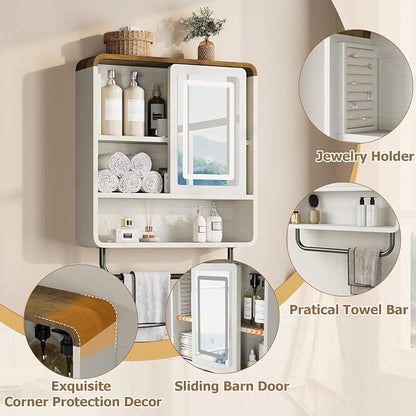 QUW Modern Bathroom Wall Cabinet, Medicine Cabinets with Mirror, Over The Toilet Storage Cabinet for Bathroom, Towel Bar, Sliding Door, 3 Lighting Modes, Adjustable Brightness, Antique White