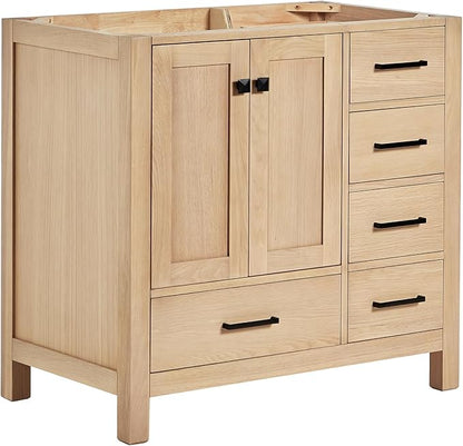 ARIEL Cambridge 36-inch Bathroom Vanity Base Cabinet,Solid Wood, 2 Soft Closing Doors, 5 Dovetail Drawers, White Oak