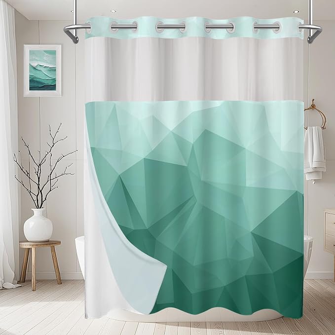 No Hook Shower Curtain with Snap in Liner Set, Teal, 71x74 | Waterproof Fabric for Bathroom, Modern Hotel Style Ombre Design, Mesh Top Window, Machine Washable, Quick Install