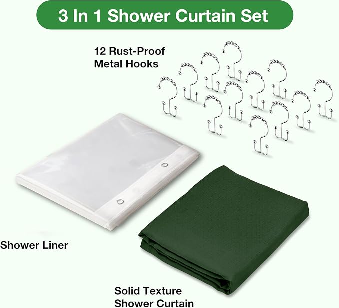 Shower Curtain and Liner, 3 in 1 Shower Curtain Set with 12 Double Sided Shower Curtain Hooks, 72x84 Cloth Shower Curtains for Bathroom,Waterproof, Dark Green