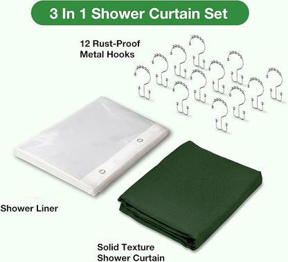 Shower Curtain and Liner, 3 in 1 Shower Curtain Set with 12 Double Sided Shower Curtain Hooks, 72x84 Cloth Shower Curtains for Bathroom,Waterproof, Dark Green