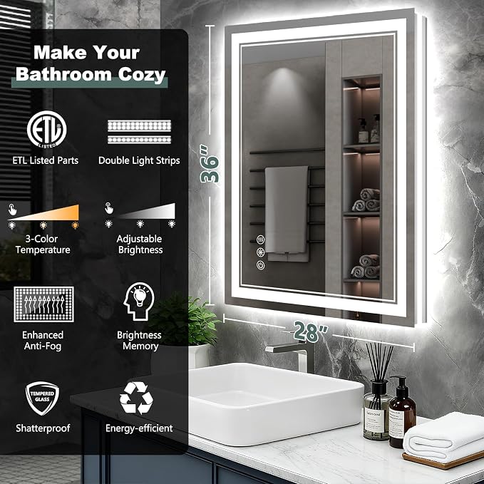 28x36Inch LED Bathroom Mirror with Lights, 3 Colors Dimmable LED Vanity Mirror, Front and Back Lit, Anti-Fog, Memory Function, Shatterproof Tempered Glass, ETL Listed, Wall Mounted Makeup Mirror