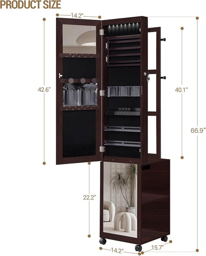 Hzuaneri 8 LEDs Jewelry Cabinet Armoire, 66.9-inch Jewelry Organizer | Lockable Full-length Mirror with Garment Rack & 4 Wheels, Storage Shelves with Hooks, 5-in-1, Brown JC17019B