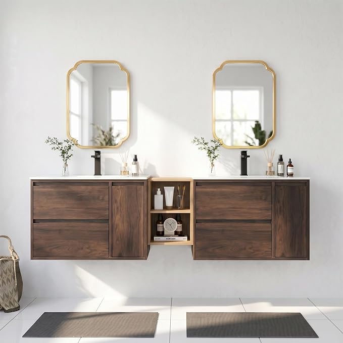 72 Modern Floating Double Sink Bathroom Vanity, Wall-Mounted with Seamless Ceramic Top, Rounded Corners, Full-Extension Soft-Close Drawers & Concealed Drainage (Wood color, 72 inch)