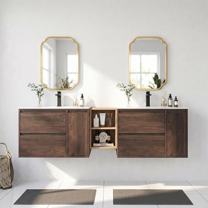 72 Modern Floating Double Sink Bathroom Vanity, Wall-Mounted with Seamless Ceramic Top, Rounded Corners, Full-Extension Soft-Close Drawers & Concealed Drainage (Wood color, 72 inch)