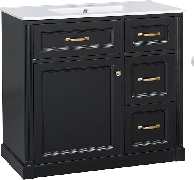 36" Bathroom Vanity with Ceramic Sink,Modern Freestanding Storage Cabinet w/Soft-Close Door and 2 Tip-Out & 2 Drawers,Undermount Single Basin Bath Vanity Set w/Adjustable Shelf,Black