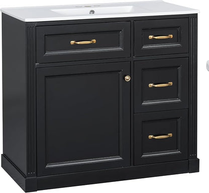 36" Bathroom Vanity with Ceramic Sink,Modern Freestanding Storage Cabinet w/Soft-Close Door and 2 Tip-Out & 2 Drawers,Undermount Single Basin Bath Vanity Set w/Adjustable Shelf,Black