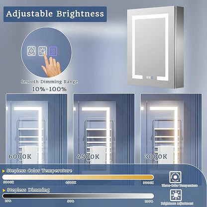 ExBrite Lighted Medicine Cabinet with Mirror, 20 x 26 Inch, Recessed or Surface led Medicine Cabinet, Defog, Stepless Dimming,Color Temperature Change,2 Outlets,Built-in 6000K Sensor Light,Right Hinge