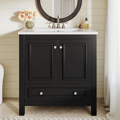 Tribesigns Modern Bathroom Vanity with Sink, Freestanding Bathroom Vanities Cabinet with Ceramic Basin Combo, Bathroom Sink Cabinet with 2 Doors and 1 Drawer, Solid Wooden Frame (Black, 30 INCH)