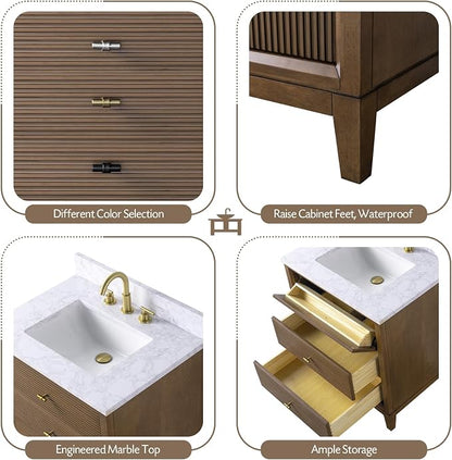 Vanity Art 30" Bathroom Vanity with Single Sink & Arabescato White Engineered Stone Top, Vanity Cabinet with Soft Closing Door, Solid Wood Frame, Golden Brushed Handles, Walnut VA8130-Walnut-GB