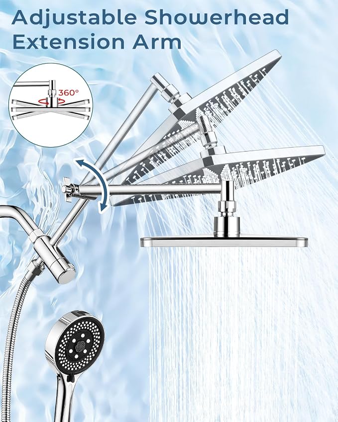 Shower Head with Handheld,High Pressure Chrome Rain Shower Head | Regaderas Para Shower,11.8" Rectangular,Rainfall Shower Head,Dual Shower Head,Bathroom Decor,Extension Arm,7 Spray Mode
