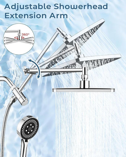 Shower Head with Handheld,High Pressure Chrome Rain Shower Head | Regaderas Para Shower,11.8" Rectangular,Rainfall Shower Head,Dual Shower Head,Bathroom Decor,Extension Arm,7 Spray Mode