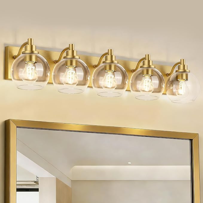 IZORRO Bathroom Light Fixtures, 5-Light Brushed Gold Vanity Light, Modern Wall Sconces with Globe Clear Glass Shade, Vanity Lighting Fixtures Over Mirror,E26 Bulb Socket