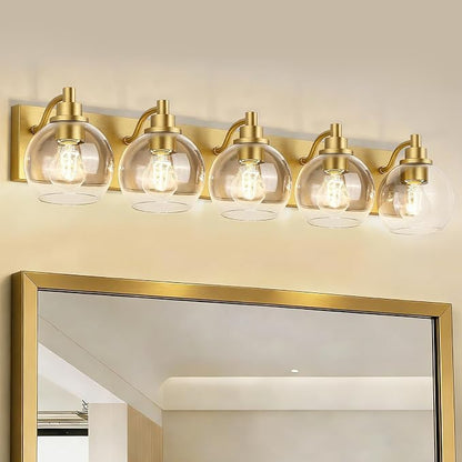 IZORRO Bathroom Light Fixtures, 5-Light Brushed Gold Vanity Light, Modern Wall Sconces with Globe Clear Glass Shade, Vanity Lighting Fixtures Over Mirror,E26 Bulb Socket