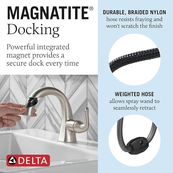 Delta Arvo 1 Hole Pull Down Bathroom Faucet with Sprayer, Brushed Nickel Single Hole Bathroom Sink Faucet with Pull Out Sprayer for Vanity, Push-Pop Drain, SpotShield Stainless 15840LF-SPPD