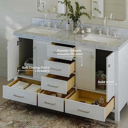 ARIEL Cambridge 60-inch Bathroom Vanity with Sink,Solid Wood, 1.5-inch Italian Carrara Marble Countertop, Double Rectangular Porcelain Sink, 4 Soft Closing Doors, 6 Dovetail Drawers, White