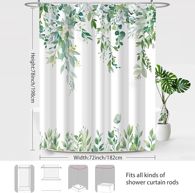 Light Green Floral Eucalyptus Shower Curtain with Hooks, 72x78 Inch | Waterproof Fabric, Watercolor Leaves and Floral, Botanical Style, Machine Washable, Quick-Drying, for Hotel Bathroom