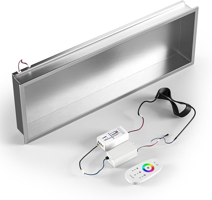 Stainless Led Shower Niche 36"x12" Brushed RGB Light No Tile Needed | 304 stainless steel shower niche,recessed dimmable niche shower,Led driver & remote control included,dropped in niche