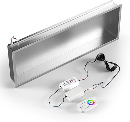 Stainless Led Shower Niche 36"x12" Brushed RGB Light No Tile Needed | 304 stainless steel shower niche,recessed dimmable niche shower,Led driver & remote control included,dropped in niche