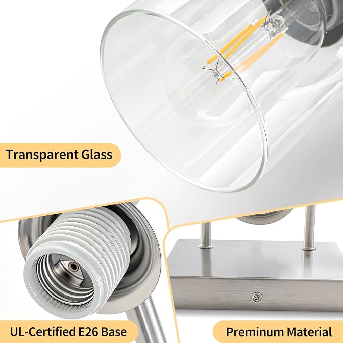3-Light Modern Bathroom Vanity Light,Brushed Nickel Light Fixtures for Bathroom,Modern Wall Light Over Mirror with Glass E26 Socket (Bulbs Not Included)