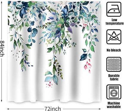 Eucalyptus Extra Long Shower Curtain, Watercolor Green Leaves Plant Floral Spring Nature Waterproof Fabric Machine Washable with Hooks for Bathroom Bathtub 72Wx84H