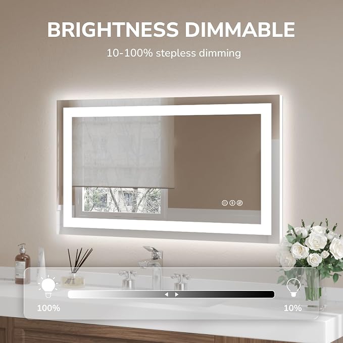 40x24 Inch LED Bathroom Mirror for Over Sink | Tempered Glass - Frameless Backlit Lighted Mirror for Bathroom Vanity with Anti-Fog, 3 Colors Dimmable, Memory Function