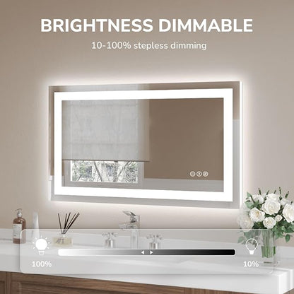 40x24 Inch LED Bathroom Mirror for Over Sink | Tempered Glass - Frameless Backlit Lighted Mirror for Bathroom Vanity with Anti-Fog, 3 Colors Dimmable, Memory Function