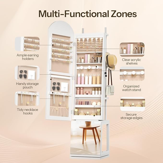 HOOBRO 360° Swivel Jewelry Cabinet with LED Lights, Standing Jewelry Organizer with Storage Shelf, Arched Full-Length Mirrored Jewelry Aromires, Lockable Jewelry Cabinet, Makeup Brush Boxes, White