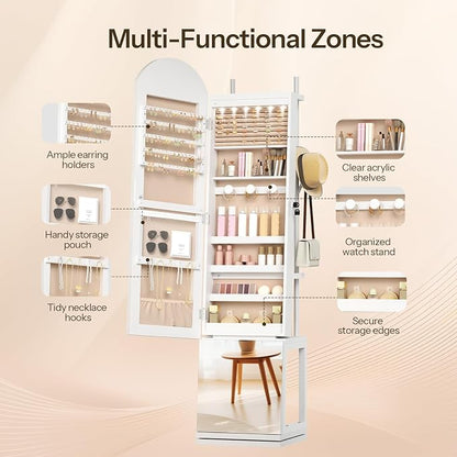 HOOBRO 360° Swivel Jewelry Cabinet with LED Lights, Standing Jewelry Organizer with Storage Shelf, Arched Full-Length Mirrored Jewelry Aromires, Lockable Jewelry Cabinet, Makeup Brush Boxes, White