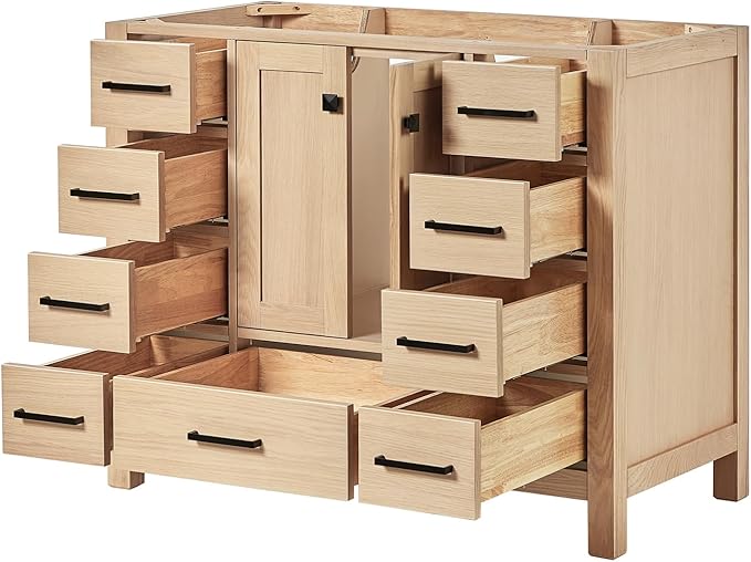 ARIEL Cambridge 42-inch Bathroom Vanity Base Cabinet,Solid Wood, 2 Soft Closing Doors, 9 Dovetail Drawers, White Oak