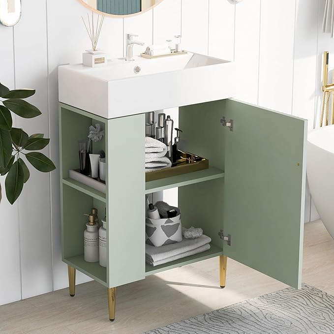 21.6 in Small Bathroom Vanity with Sink,Doors and Storage Shelves,Wood Modern Single Fluted Bathroom Sink Cabinet Freestanding (Green,Left Shelf)
