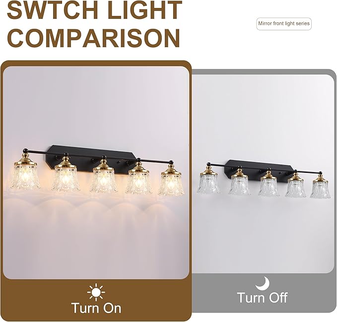 Vintage Bathroom Vanity Light Fixtures, Black and Gold 5-Light Vanity Light, Antique Bathroom Lighting Fixtures Over Mirror with Crystal Glass Shade, Vanity Lights for Bedroom Living Room Hallway