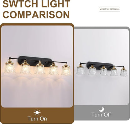 Vintage Bathroom Vanity Light Fixtures, Black and Gold 5-Light Vanity Light, Antique Bathroom Lighting Fixtures Over Mirror with Crystal Glass Shade, Vanity Lights for Bedroom Living Room Hallway