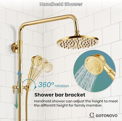 gotonovo Exposed Shower Faucet Set 8 Inch Rainfall Showerhead 3-Function Shower Fixture with Tub Spout 2 Corss Handles Shower System, Polish Gold