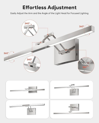 VONLUCE 24" Modern LED Bathroom Vanity Light, Brushed Chrome | 3CCT, Flicker-free, 360° Rotatable Head & Swing Arm, IP44 waterproof Bathroom Light Fixture Over Mirror for Bathroom, Picture