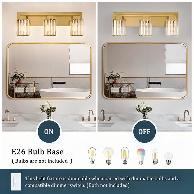 Brushed Gold Bathroom Light Fixtures, 3-Light Vanity Light Over Mirror | Wall Sconces with Square Crystal Shades, E26 Socket, Modern Vanity Lights for Bathroom (Bulbs Not Included)