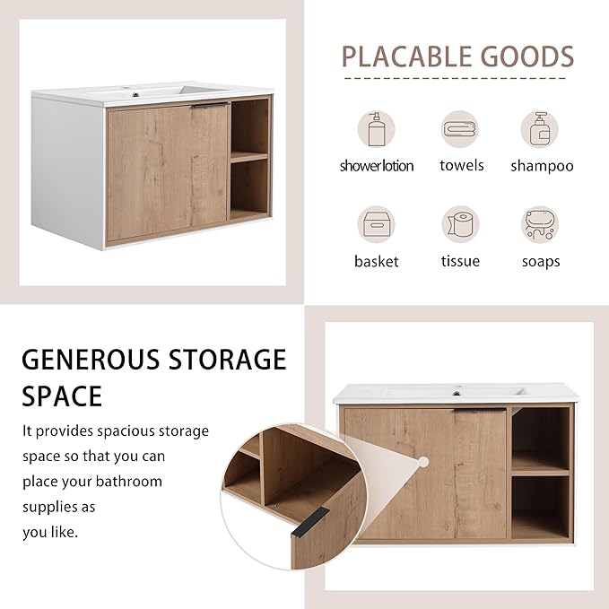 SSLine 30" Wall-Mount Bathroom Vanity Modern Floating Bathroom Vanity Set with Ceramic Sink Basin 24-Inch Oak Brown Small Bathroom Vanities with Storage Cabinet and Open Shelf