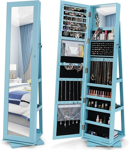 360° Rotating Jewelry Armoire, Freestanding Jewelry Cabinet with Inside Makeup Mirror, 2-in-1 Lockable Jewelry Organizer w/Full-Length Mirror for Women (Sky Blue)