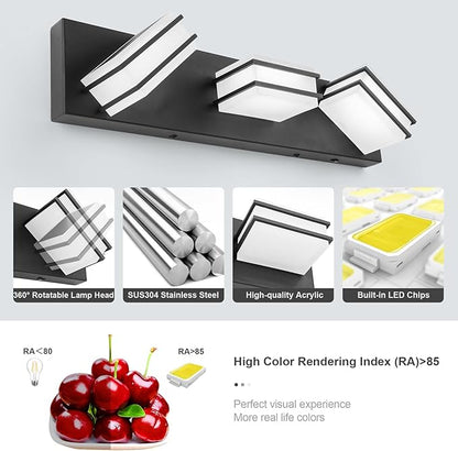 3 Color Temperature Dimmable Bathroom Light Fixtures over Mirror LED Black Vanity Acrylic Stainless Steel Square Shade Lights for Bathroom, ETL Certificated, VL5518