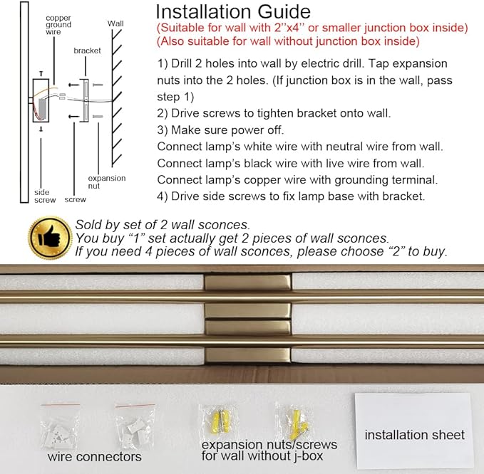 Only Suitable for Small Junction Box Set of 2 Dimmable Hardwired Linear Gold LED Wall Lamp 1-Gang Long 40 Inch Vanity Wall Sconce for Living Room Bedroom Bathroom Mirror (2 Pack, 40'', Gold, Dimmable)