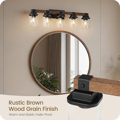 5-Light Bathroom Light Fixtures, Farmhouse Vanity Lights for Bathroom with Glass Square Shade, Rustic Vanity Lights, Sconce Wall Light, E26 Base (Bulbs Not Included), ETL Listed FS10BD05