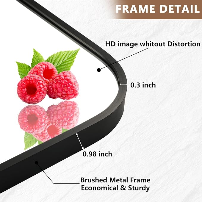 Matte Black Mirror, 24"x36" Rectangle Bathroom Mirror, Metal Frame Rectangle Corner Vanity Mirror, Wall Mounted Mirror for Modern, Living Room, Bedroom, Horizontal Or Vertical