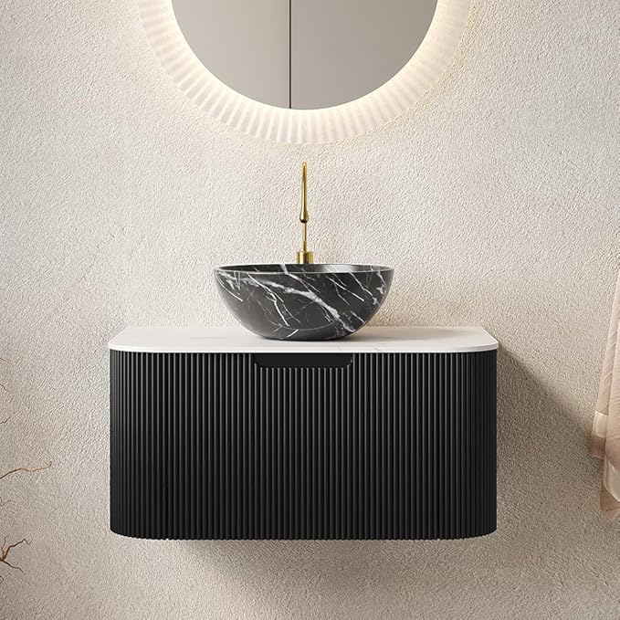 30'' Bathroom Vanities Cabinet with Sink Combo, Wall Mounted Floating Cabinet W/Curved Edges Stripes, Oak Plywood, Soft-Close System with a Drawer, Black Bowl Ceramic Basin - Kiel, Black/R