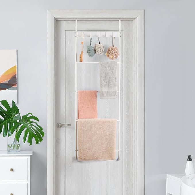 Over The Door Towel Rack 5 Tier Over The Door Towel Bar for Bathroom Towel Holder Over Door Hanger with Hooks Large Metal Towel Blanket for Bedroom Dorm Door (White)