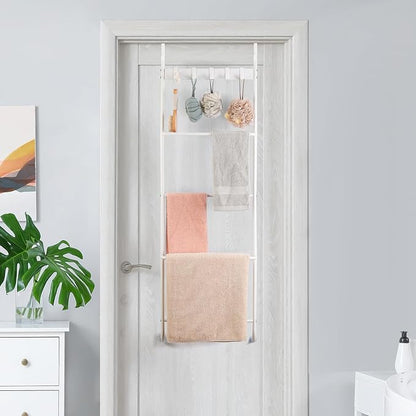 Over The Door Towel Rack 5 Tier Over The Door Towel Bar for Bathroom Towel Holder Over Door Hanger with Hooks Large Metal Towel Blanket for Bedroom Dorm Door (White)