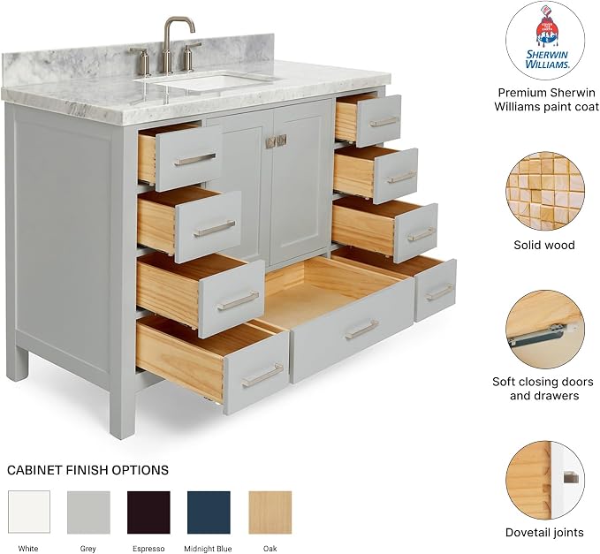 Beckford 48-Inch Bathroom Vanity with Sink — Grey Single Sink Bathroom Vanity, 1.5" Edge Italian Carrara Marble Top, Solid Wood, 2 Soft-Close Doors, 9 Dovetail Drawers