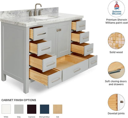 Beckford 48-Inch Bathroom Vanity with Sink — Grey Single Sink Bathroom Vanity, 1.5" Edge Italian Carrara Marble Top, Solid Wood, 2 Soft-Close Doors, 9 Dovetail Drawers
